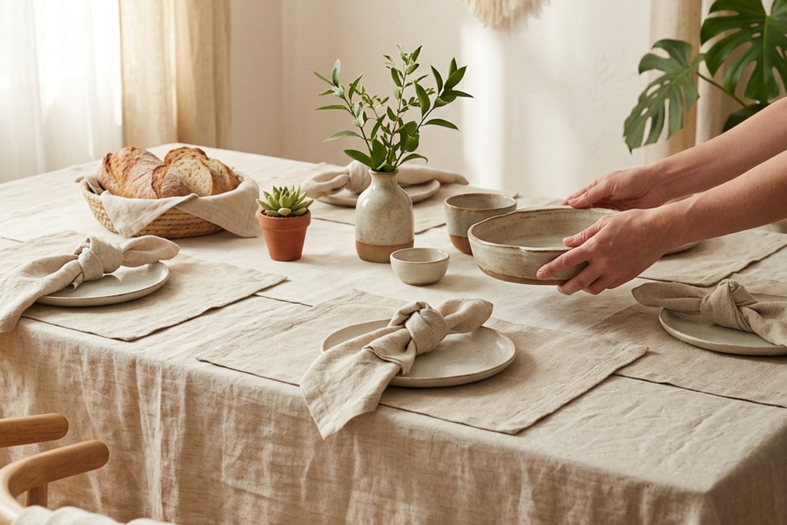 Linen tablescape styled with soft table linen, plates, napkins, and greenery for a warm elegant home