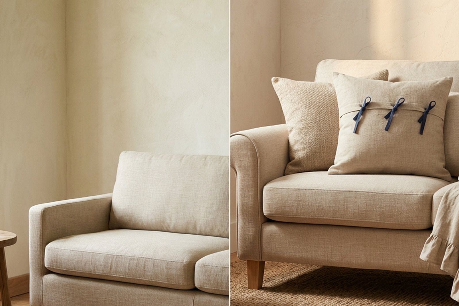 Before and after seasonal room refresh with linen cushions and soft home decor
