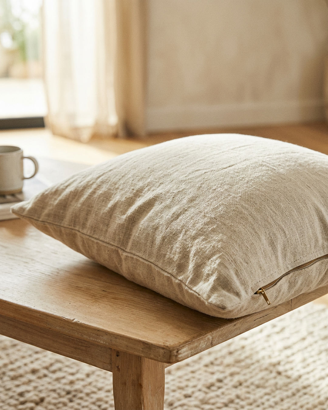 A soft, gently rumpled natural-linen cushion cover resting in warm window light