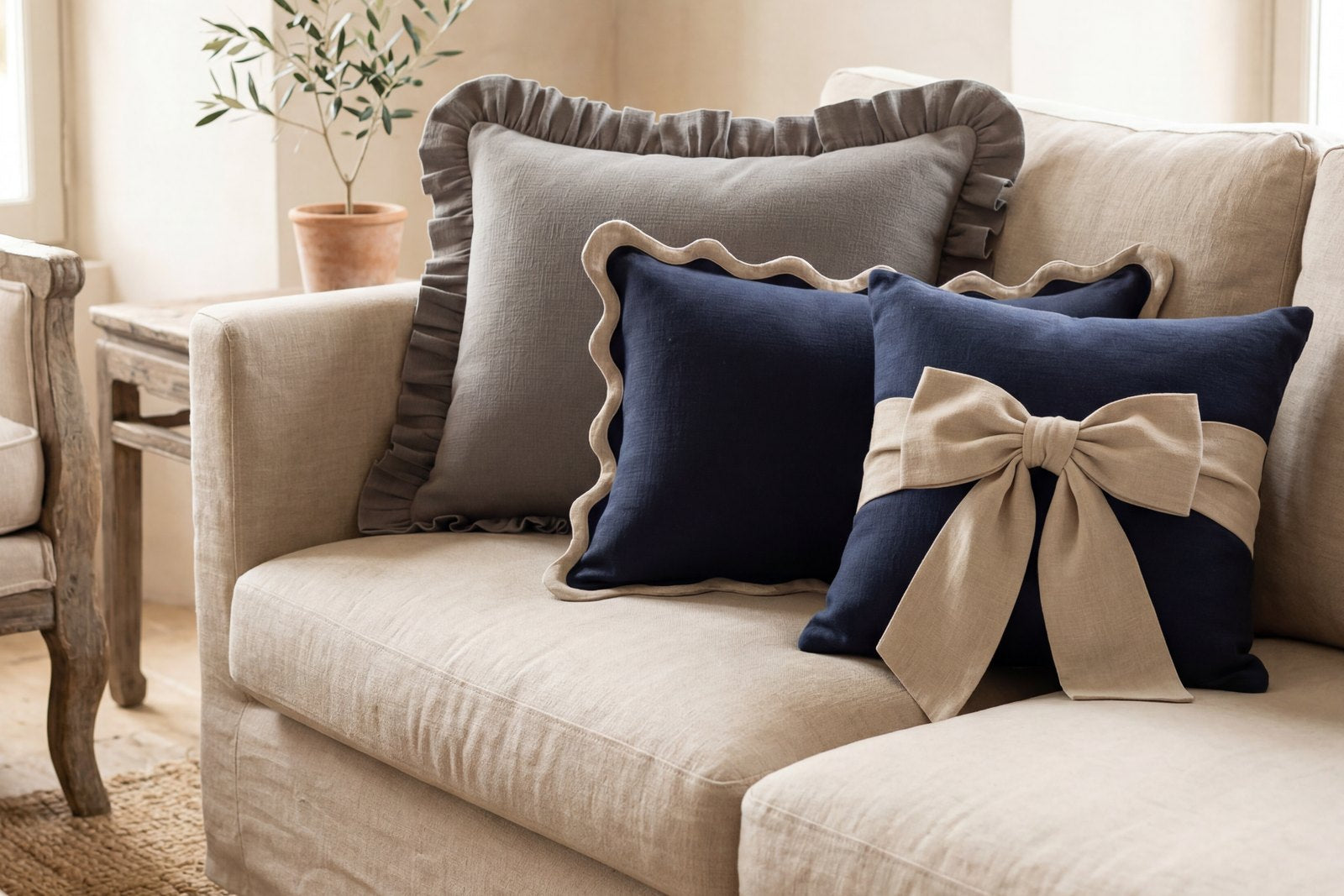 Linen cushions styled on a sofa showing a cushion count guide for a warm elegant home