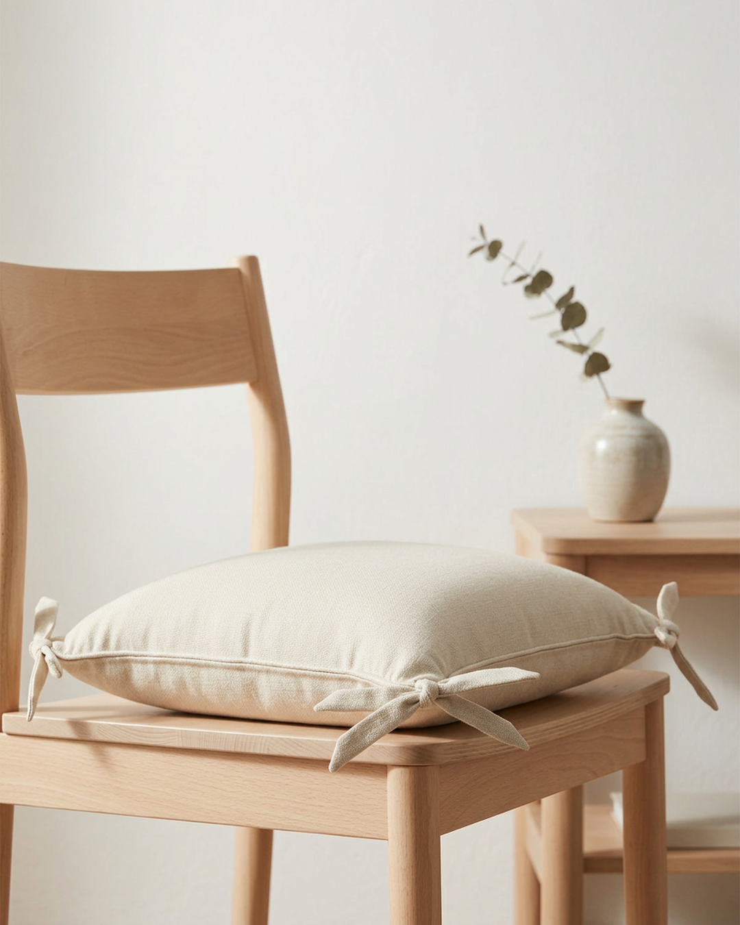 A cream tie-corner linen cushion on a pale wood dining chair, knotted corner in focus