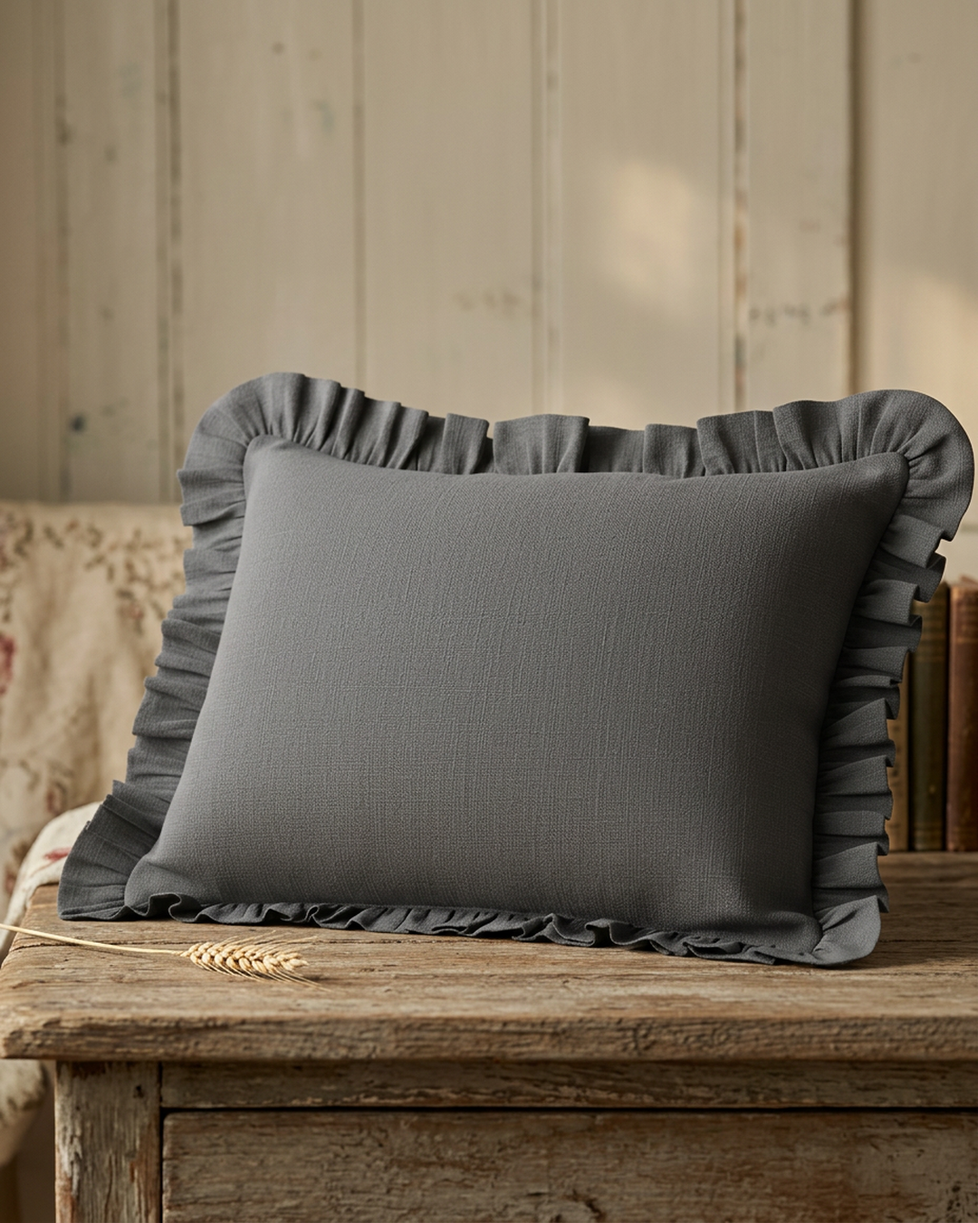 A soft grey ruffle-edge linen cushion on weathered wood, showing the relaxed ruffle edge detail