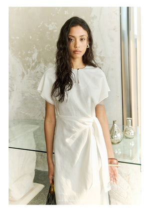 Lightweight linen midi dress with tie waist and cap sleeves