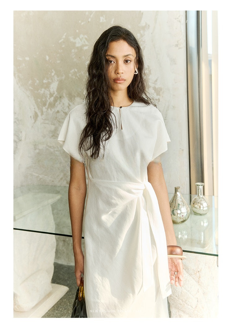 Lightweight linen midi dress with tie waist and cap sleeves