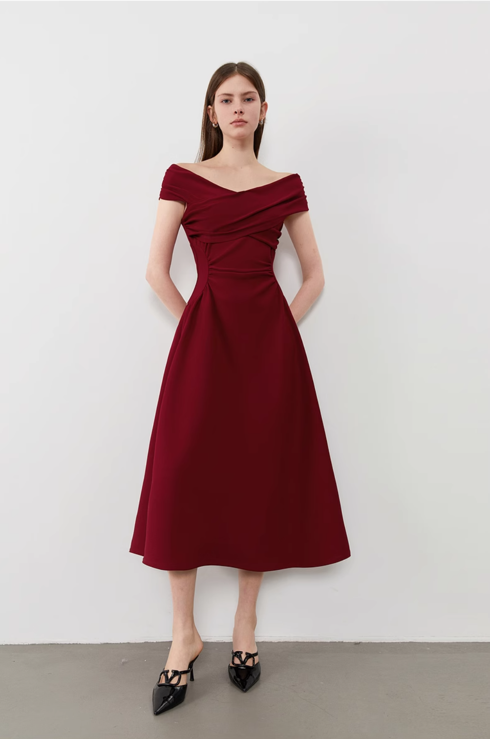 Front view of elegant short sleeve engagement dress