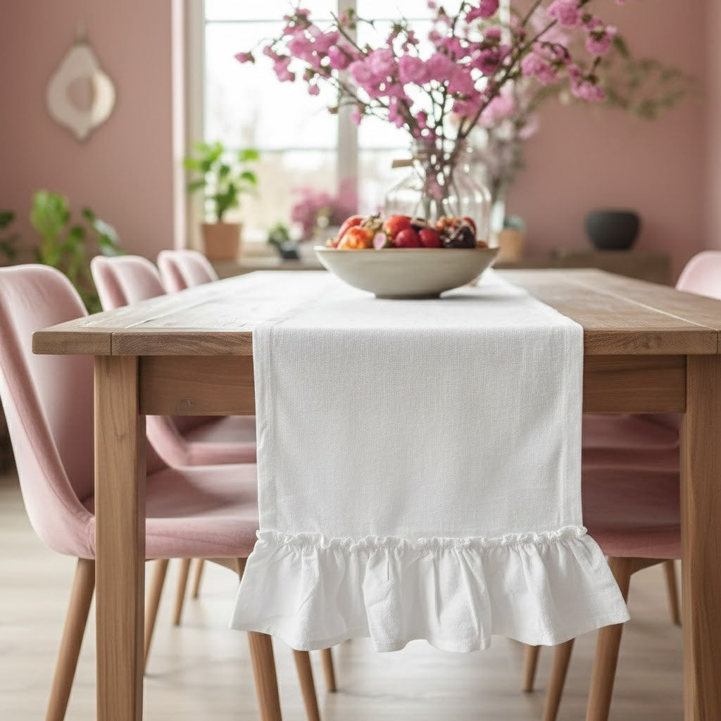 Ruffled Table Runner – Farmhouse Style with Frill Edge – Romantic Cottagecore Dining Decor