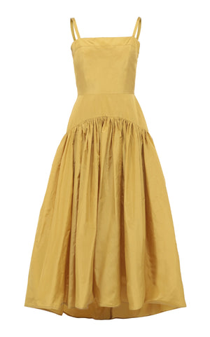 Back view of strappy linen maxi dress with gathered skirt