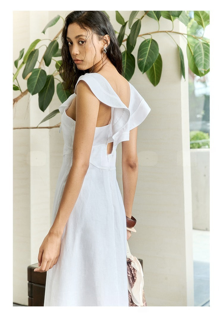 Side view of tie-front linen midi dress showing keyhole neckline