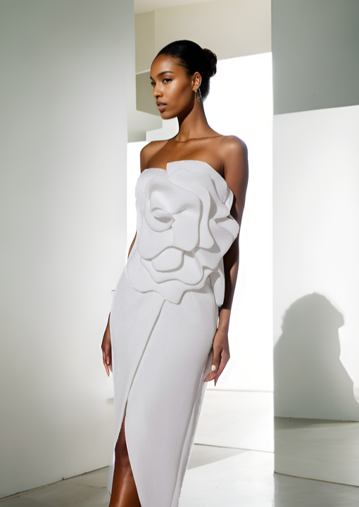 Calypso bodycon dress with floral bust detailing