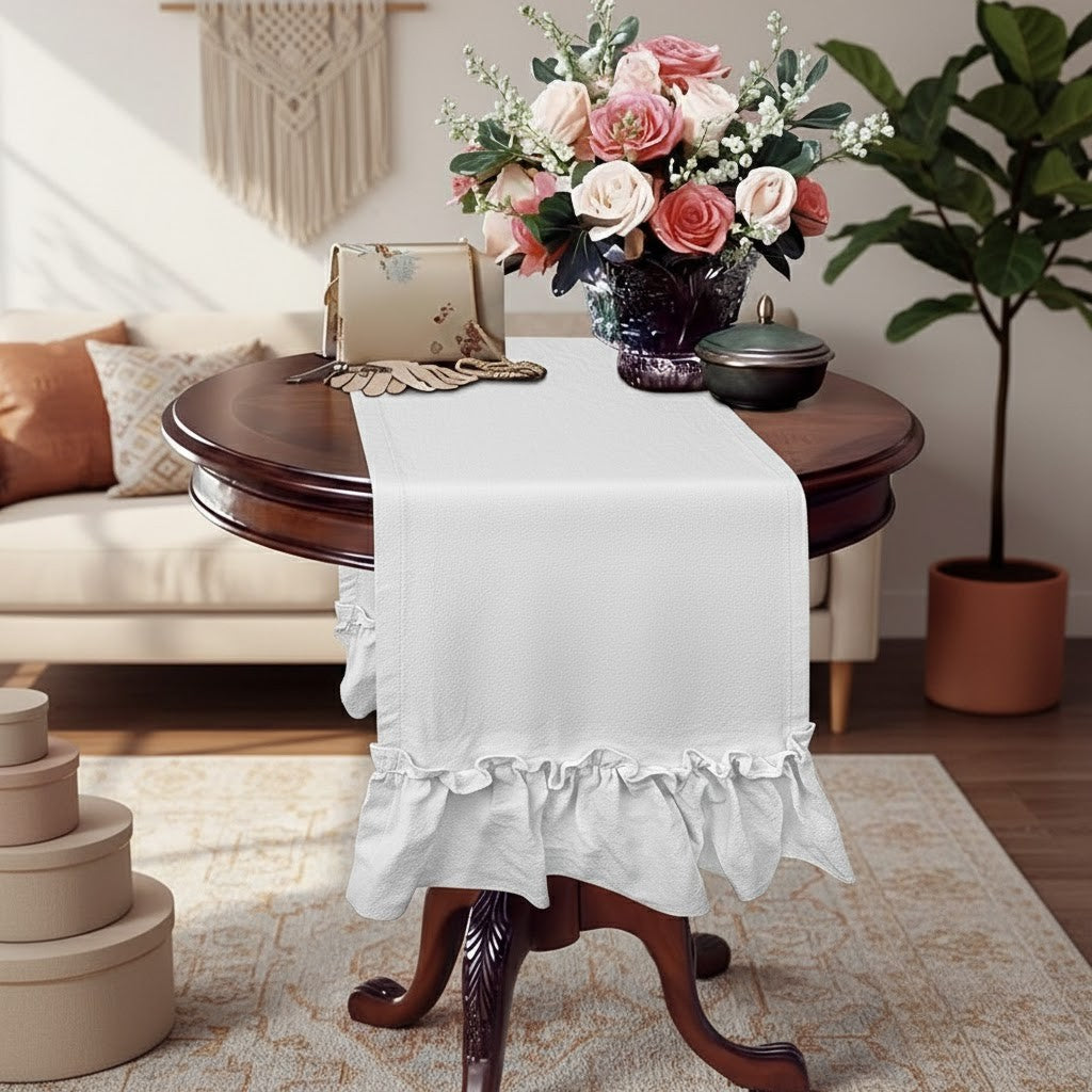 Ruffled Table Runner – Farmhouse Style with Frill Edge – Romantic Cottagecore Dining Decor