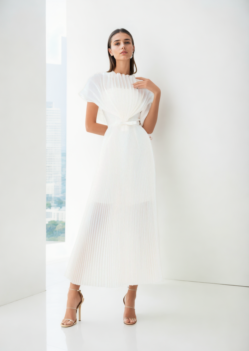 Jasmine high-end cute white party dress with pleated layers