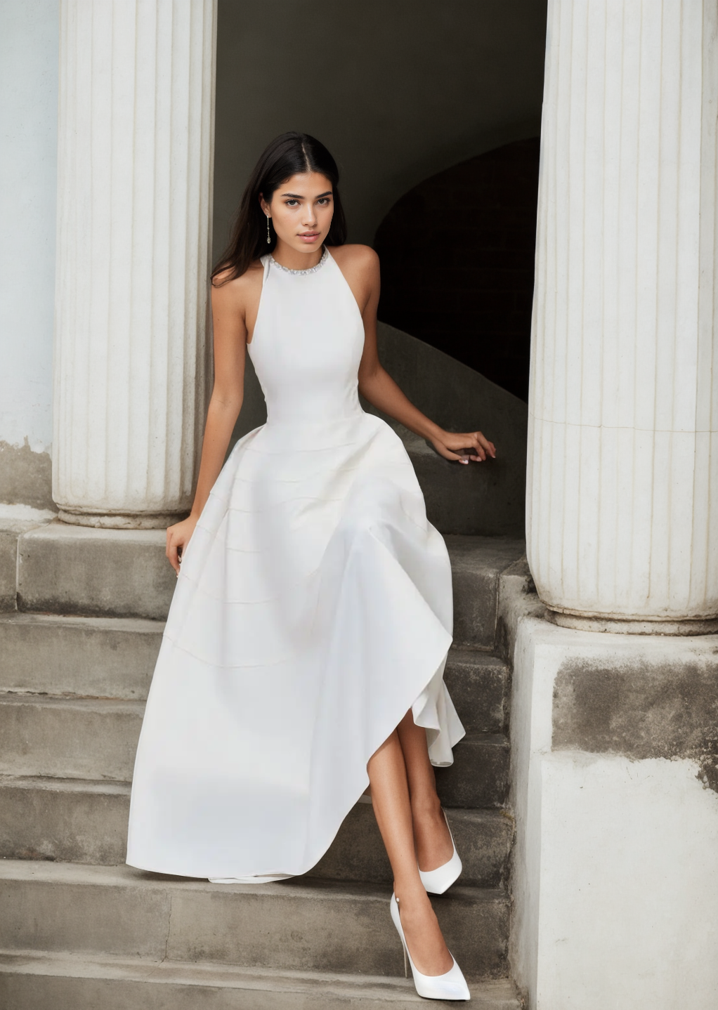 Gabriella long flared dress with a halter neckline, embellished with jewels