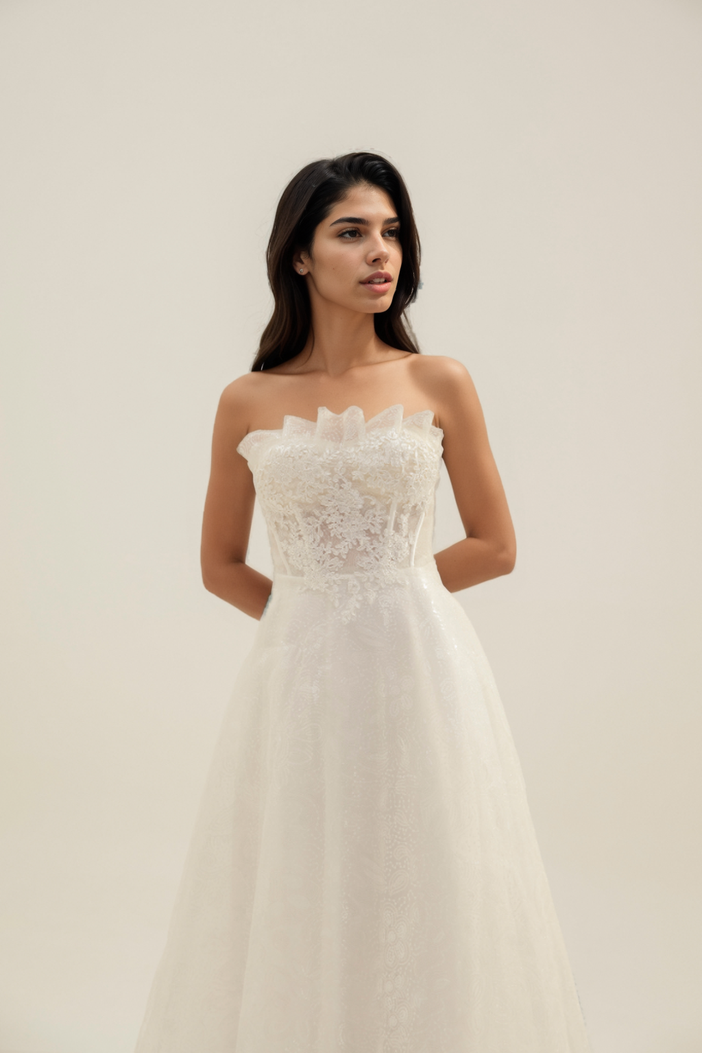 Sweetheart neckline wedding dress with pleated layers and floral embellishments