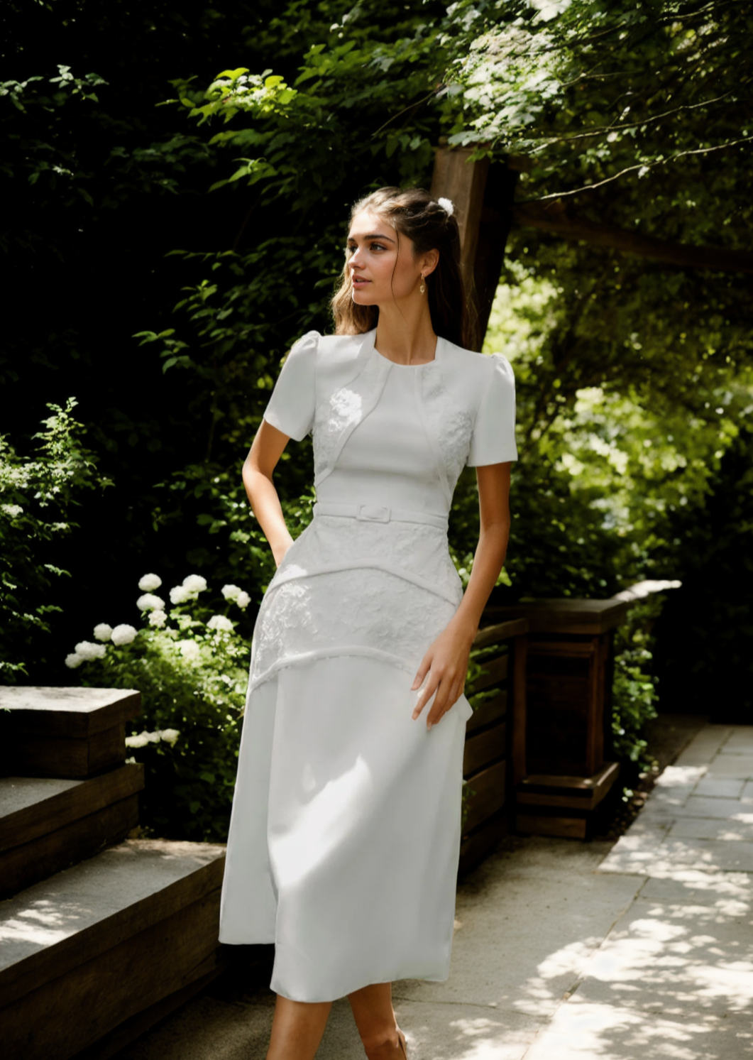 Serenity dress short sleeves, lace applique