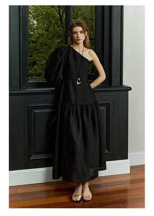 Fashion editorial look in puff sleeve linen midi