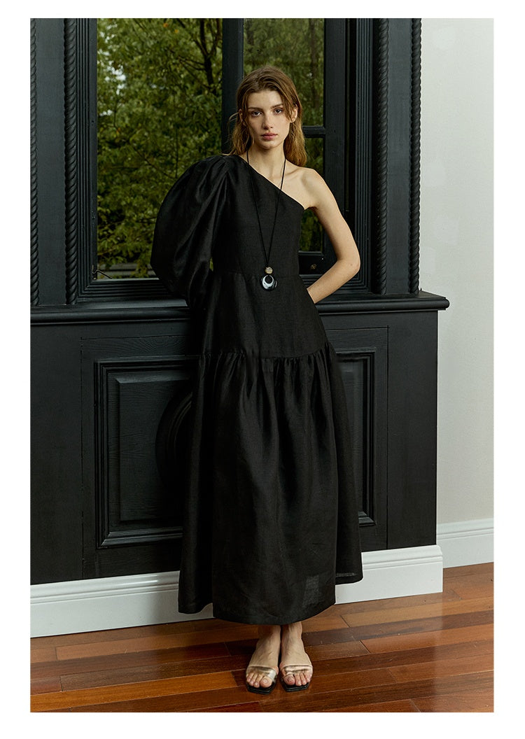 Fashion editorial look in puff sleeve linen midi