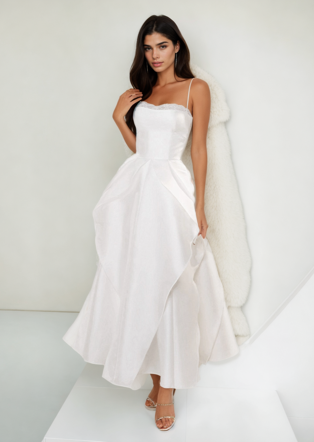 Isadora spaghetti strap dress with lace trim, flared silhouette