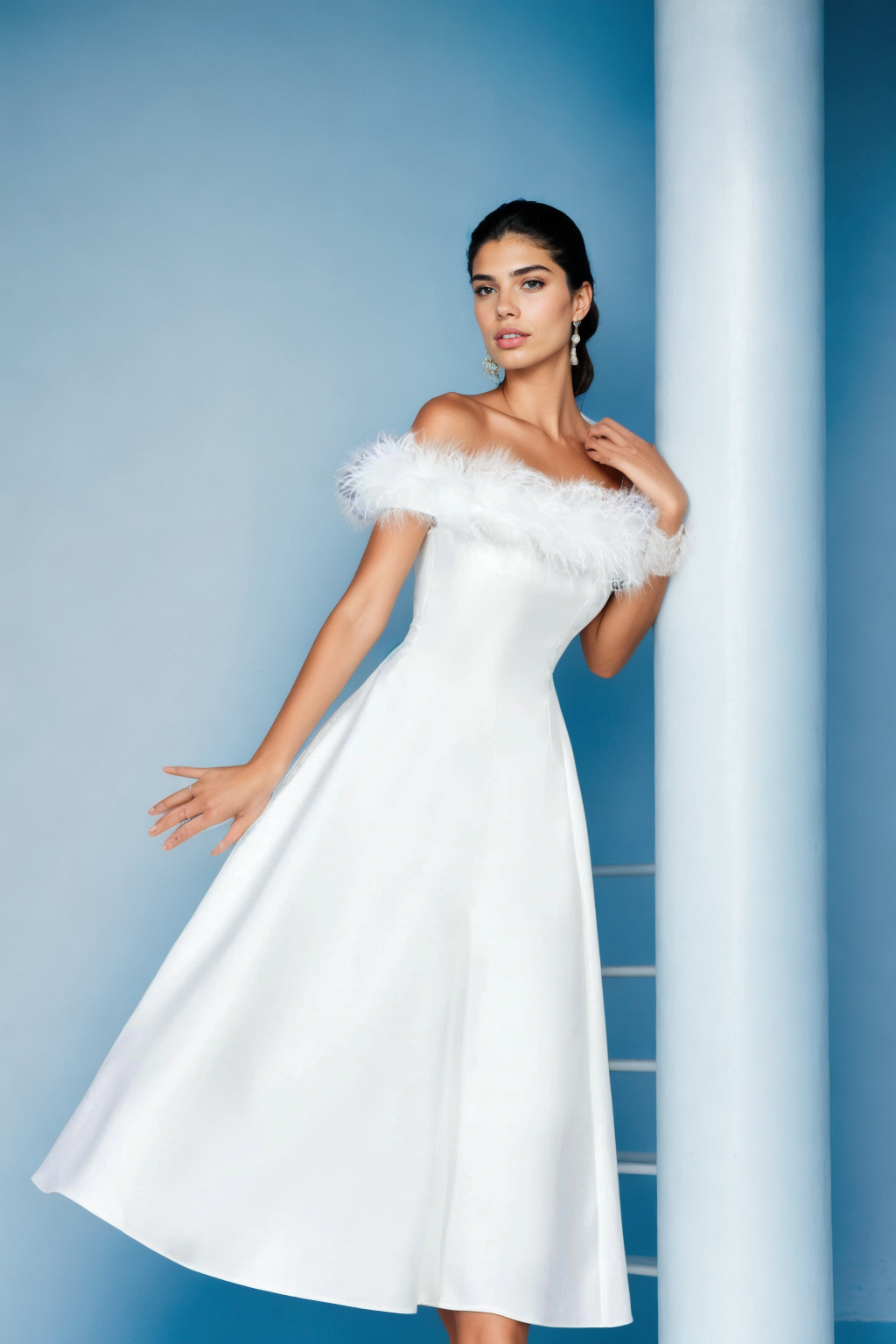 Elara A-line feather-trimmed off-shoulder dress