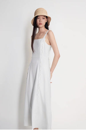Full-length image of white scallop midi dress with A-line fit