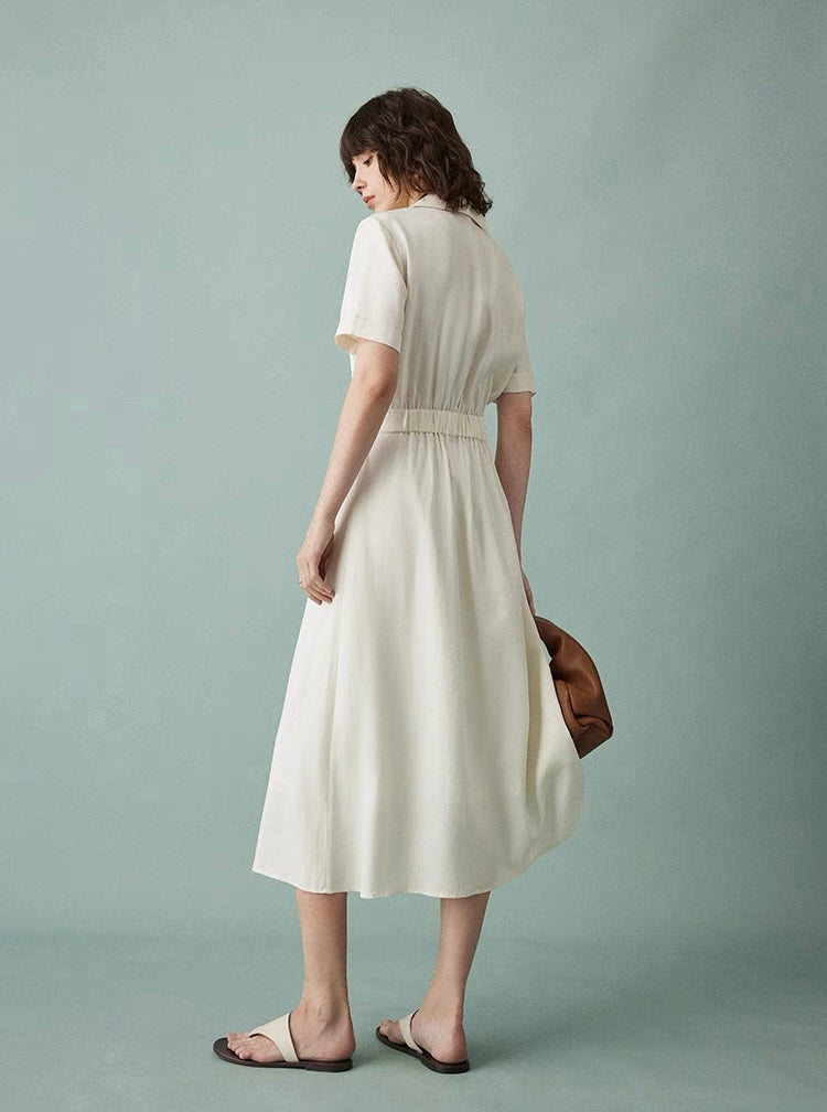 Close-up of chest pockets and collar on shirt dress