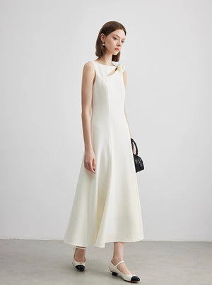 Diagonal neckline cutout detail with floral trim