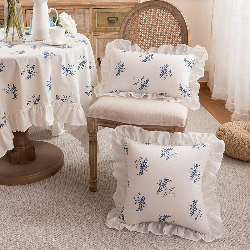 French Embroidered Ruffle Cushion Cover, Cotton Lace Sofa Pillow