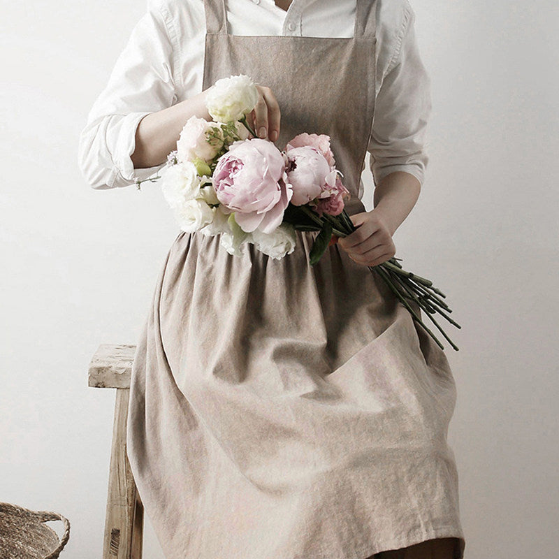 Korean Cotton Linen Pleated Apron, French Vintage Florist Kitchen Workwear