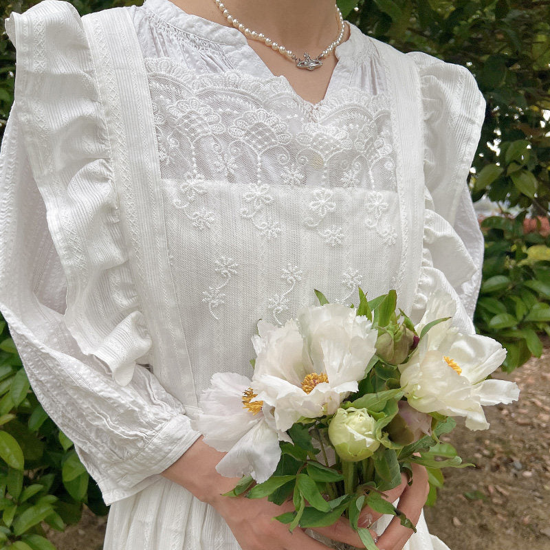 French Vintage Ruffled White Apron, Lolita-Style Florist Cafe Workwear