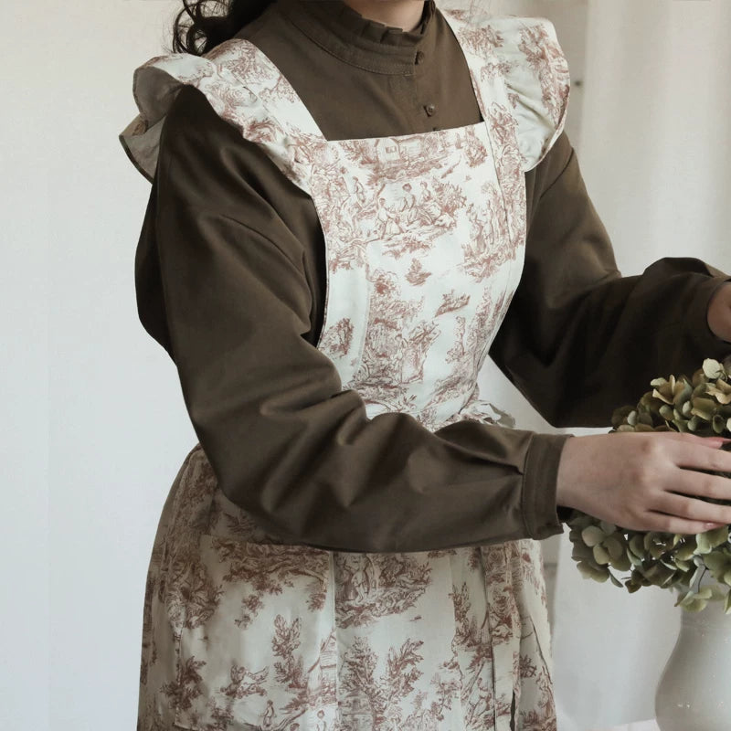 Caramel meets French vintage ruffled apron water-repellent INS style floral coffee shop workwear
