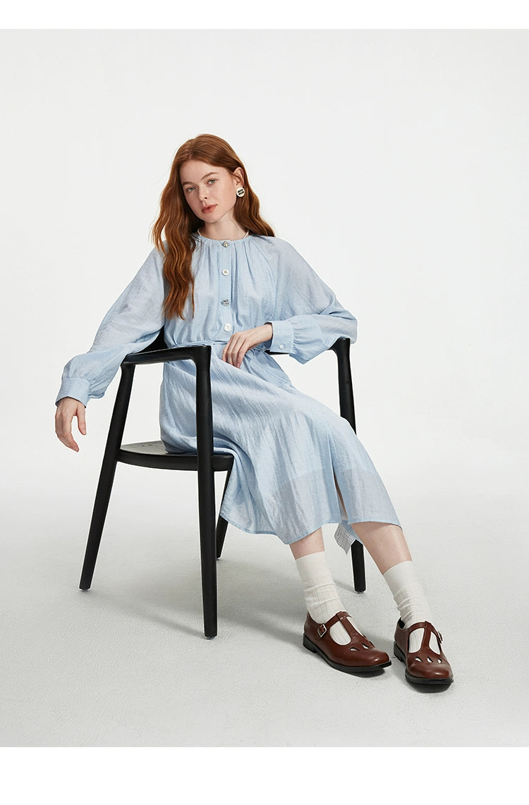 Light blue button-front midi dress with drawstring waist
