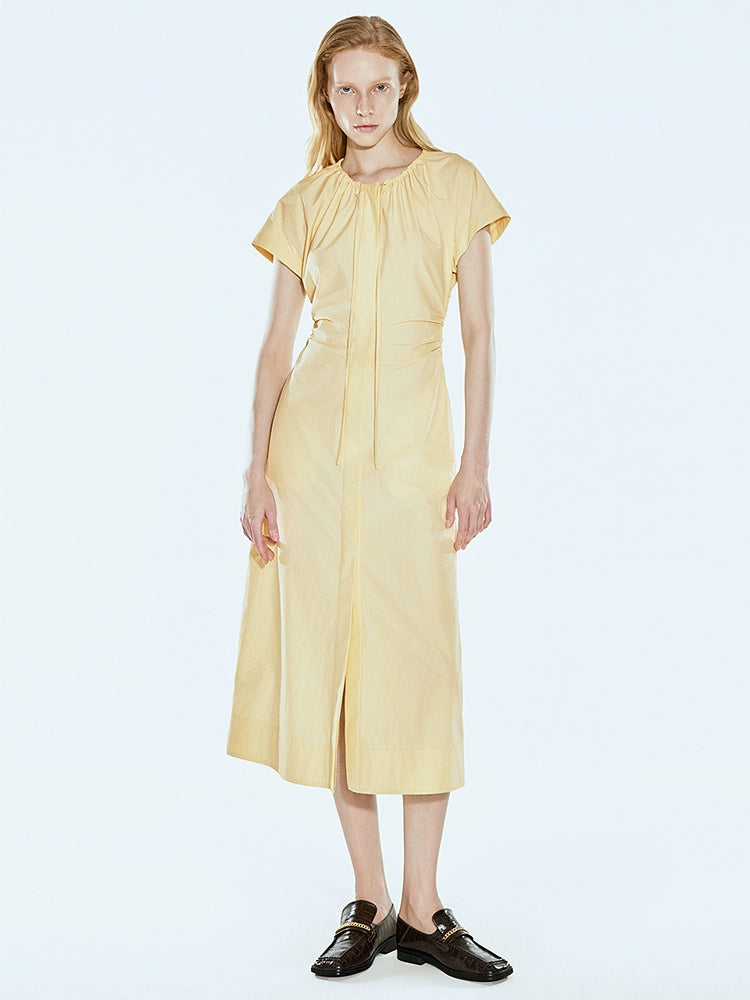 Light goose midi dress with cinched waist and pleats