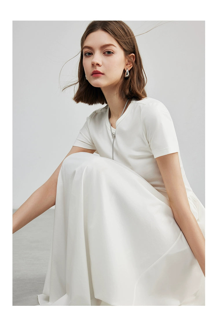 Cream long sleeve cotton jersey maxi dress with ruching