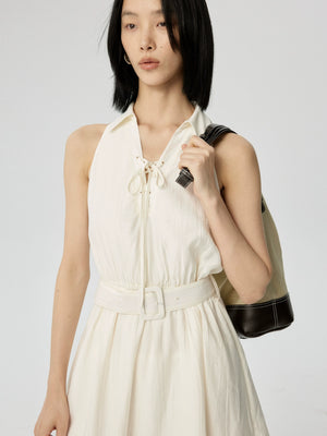 Petite summer cotton dress with halter neckline