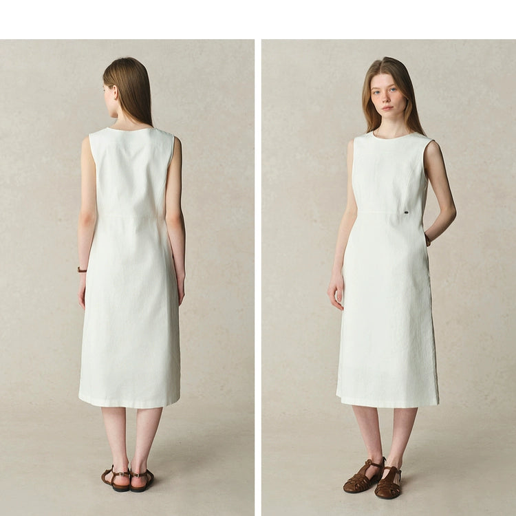 Front view of sleeveless linen-blend dress in white