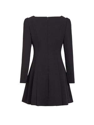 Front view of square neck A-line black mini dress
