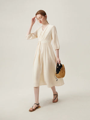 Summer cinched waist wrap dress in light olive green