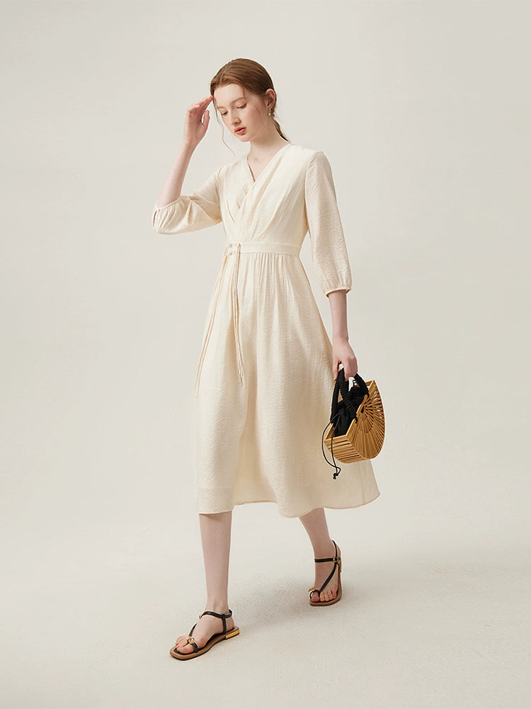 Summer cinched waist wrap dress in light olive green