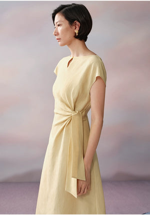 Front view of cotton midi dress with tie accent