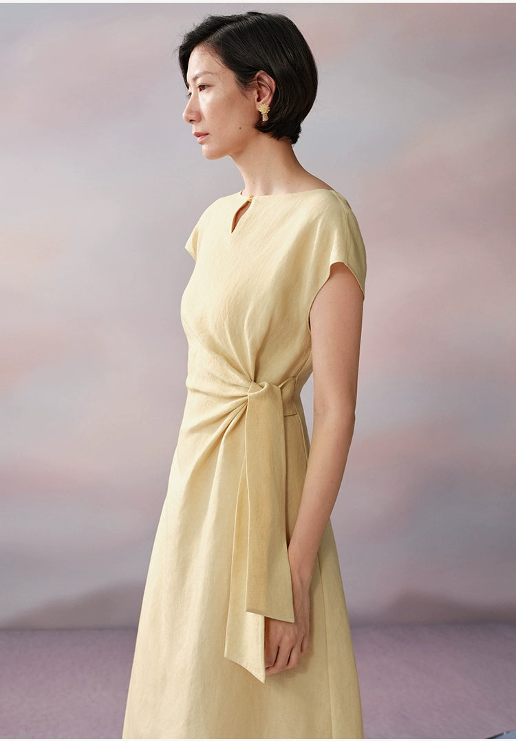 Front view of cotton midi dress with tie accent