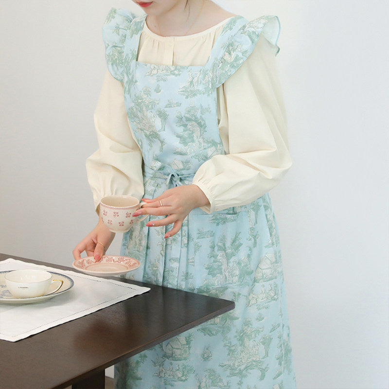 French Water-Repellent Floral Apron, Cotton Ruffle Kitchen Workwear