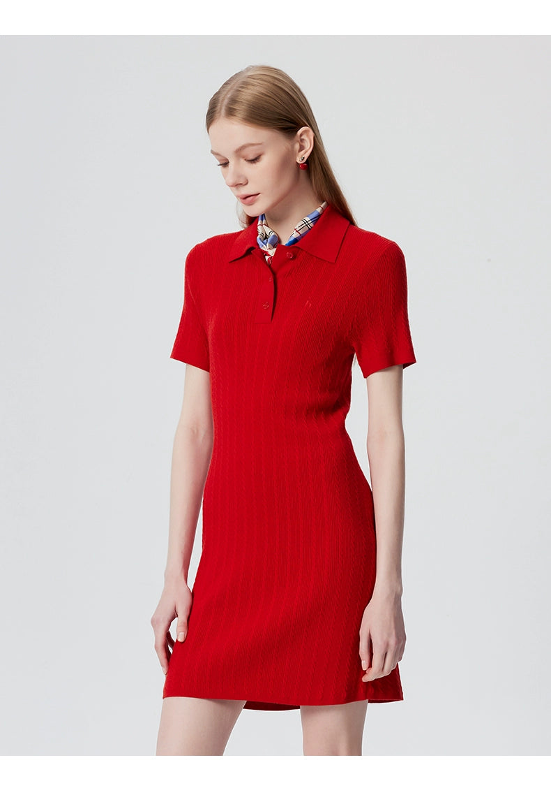 Back view of navy ribbed cotton knit polo shirt dress