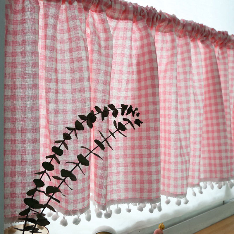 Red Gingham Lace Cafe Curtains, Vintage Half Window Curtain for Kitchen