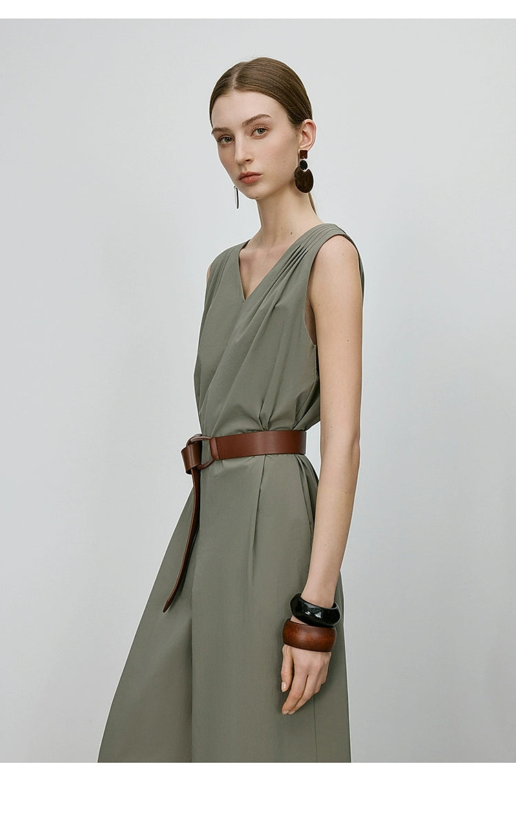 Minimalist draped V-neck jumpsuit with contrast belt