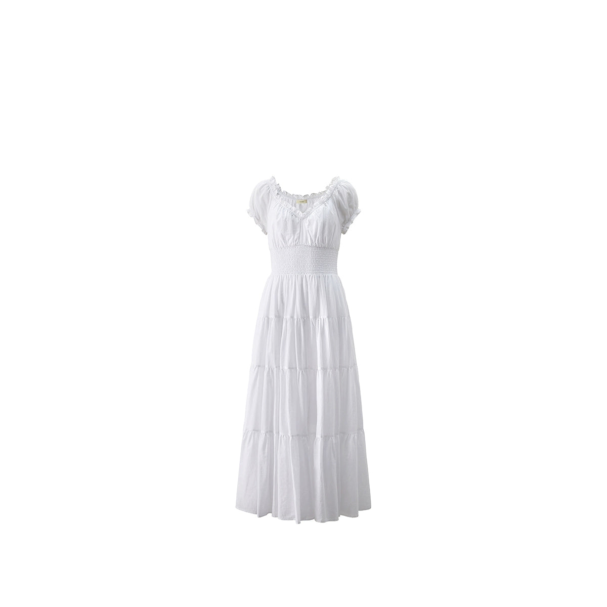 Elegant white dress with tiered skirt and puff sleeves