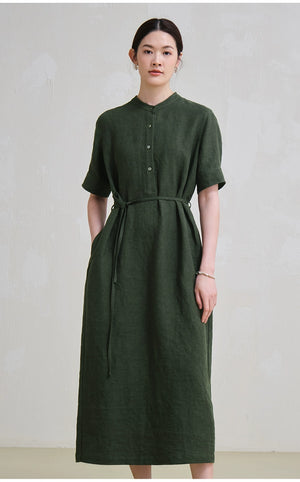  Back view of relaxed-fit linen shirt dress with soft pleats