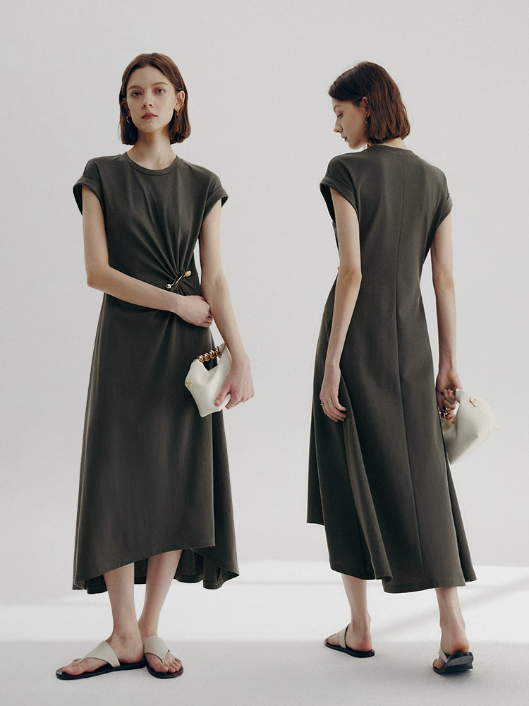 Front view of olive ruched cotton blend midi dress