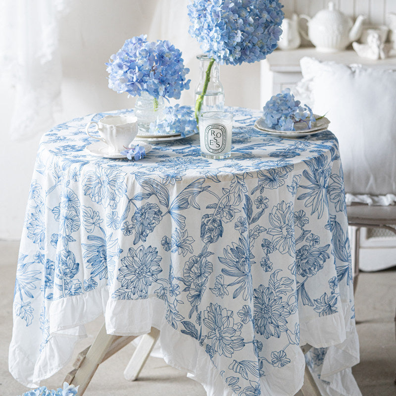 Water-Repellent French Ruffle Tablecloth, Cotton Embroidered Dining Cover