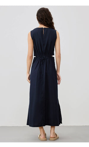 Orange linen midi dress with side cut-outs