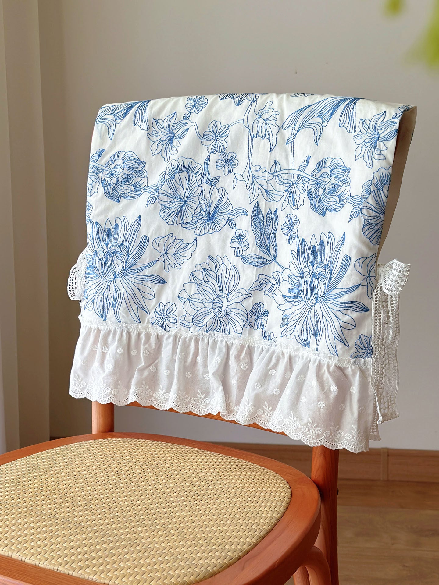 French Ruffled Dining Chair Cover, Vintage Lace Backrest Slipcover