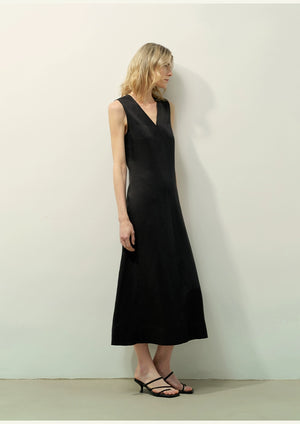 Lightweight linen blend A-line dress styled with heels